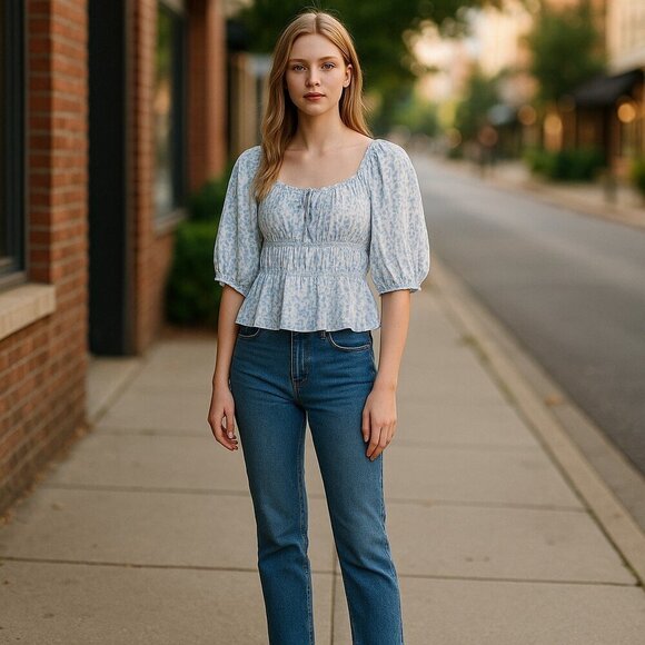 Billa B Floral Print Puff Sleeve Blouse- size M - Picture 2 of 8